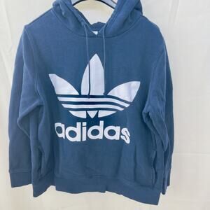 Adidas Three Stripes Trefoil Print Logo Sweatshirt Hoodie Large Navy Blue Y2K